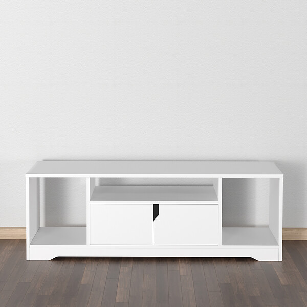 HOMCOM - Meuble TV banc TV design contemporain - 3 niches, placard double porte - dim. 120L x 30l x 41H cm - panneaux particules blanc - large