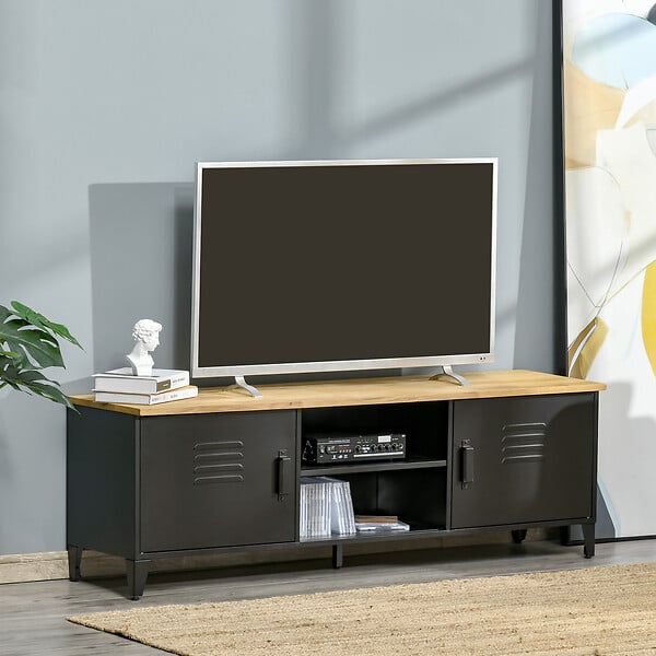 HOMCOM - Meuble TV banc TV design industriel - 2 placards, 2 niches, 2 passe-fils - structure piètement tôle métal plateau bois d'hévéa - large