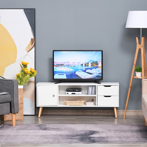 HOMCOM - Meuble TV banc TV style scandinave placard 2 niches 2 tiroirs passe-fils panneaux particules blanc bois pin - large