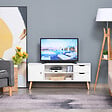 HOMCOM - Meuble TV banc TV style scandinave placard 2 niches 2 tiroirs passe-fils panneaux particules blanc bois pin - vignette