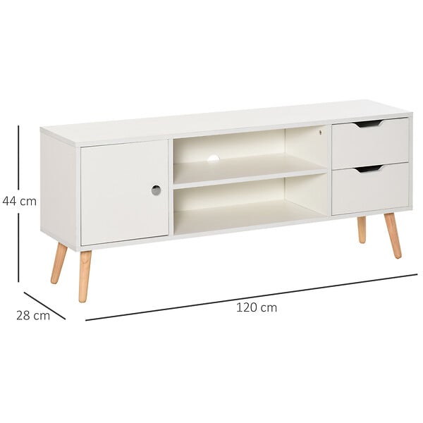 HOMCOM - Meuble TV banc TV style scandinave placard 2 niches 2 tiroirs passe-fils panneaux particules blanc bois pin - large