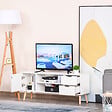 HOMCOM - Meuble TV banc TV style scandinave placard 2 niches 2 tiroirs passe-fils panneaux particules blanc bois pin - vignette