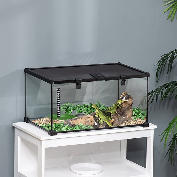 PAWHUT - Terrarium en verre - vivarium reptiles & batraciens - habitat tortue - couvercle grillagé coulissant verrouillable - distributeur eau, thermomètre inclus - métal noir verre - large
