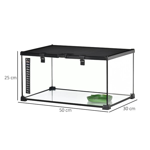 PAWHUT - Terrarium en verre - vivarium reptiles & batraciens - habitat tortue - couvercle grillagé coulissant verrouillable - distributeur eau, thermomètre inclus - métal noir verre - large