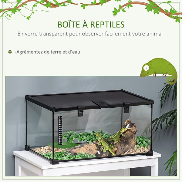 PAWHUT - Terrarium en verre - vivarium reptiles & batraciens - habitat tortue - couvercle grillagé coulissant verrouillable - distributeur eau, thermomètre inclus - métal noir verre - large