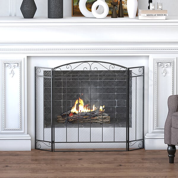 HOMCOM - Grille de protection pour cheminée - pare-feu large pour cheminée ou poêle - pare-étincelles - barrière de sécurité - 3 volets pliables - acier métal noir - large