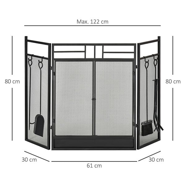 HOMCOM - Pare-feu large pour cheminée ou poêle - pare-étincelles serviteur de cheminée 2 en 1 avec accessoires - 3 volets pliables et porte - acier métal noir - large