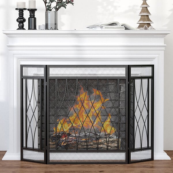 HOMCOM - Grille de protection pour cheminée - pare-feu large pour cheminée ou poêle - pare-étincelles - barrière de sécurité - 3 volets pliables - métal noir - large