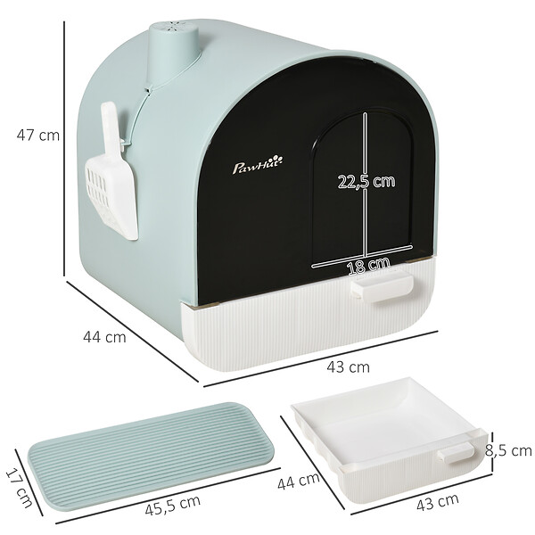 PAWHUT - Maison de toilette bac à litière pour chat avec porte battante, pelle et filtre inclus dim. 43L x 44l x 47H cm PP bleu - large