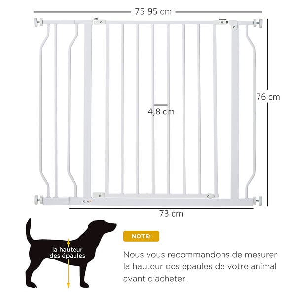 PAWHUT - Barrière de sécurité animaux - longueur réglable dim. 75-95 cm - porte double verrouillage, ouverture double sens -sans perçage - acier ABS blanc - large