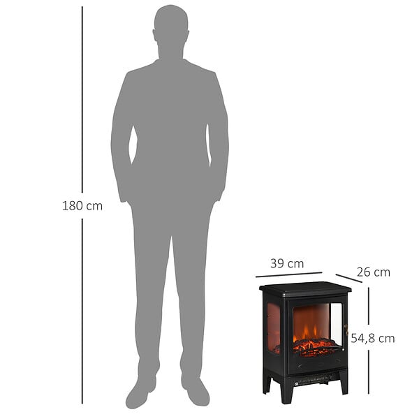 HOMCOM - Cheminée électrique poêle style néo-rétro 1000-2000 W simulation flammes LED luminosité réglable acier ABS noir - large