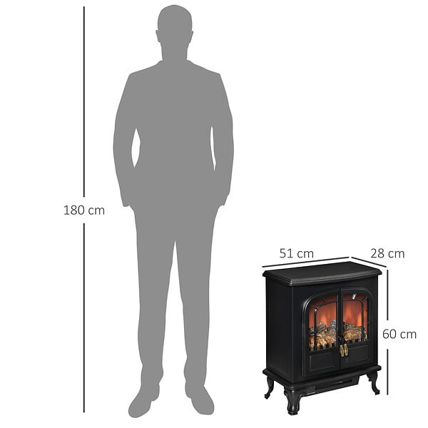 HOMCOM - Cheminée électrique poêle style néo-rétro 2 portes verre trempé 1000/2000 W LED luminosité réglable acier ABS noir - large