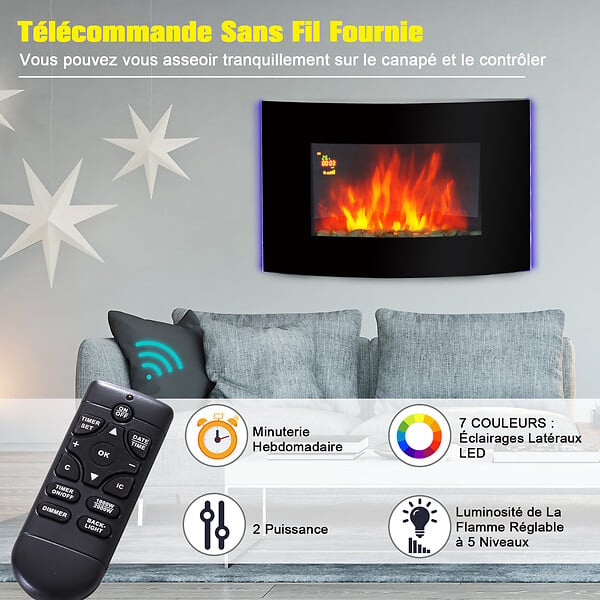 HOMCOM - Cheminée électrique murale éclairages latéraux LED design avant-gardiste affichage LED avec télécommande et minuterie 1000/2000 W luminosité réglable noir - large