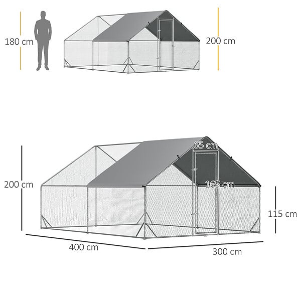 PAWHUT - Enclos poulailler chenil 12 m² - parc grillagé dim. 4L x 3l x 2H m - espace couvert - acier galvanisé - large