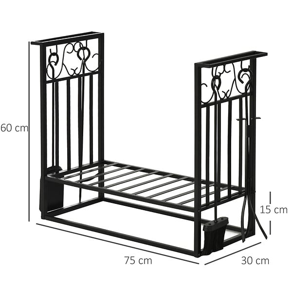 HOMCOM - Serviteur de cheminée - porte bûches - range bûches multi accessoires étagère 75L x 30l x 60H cm acier noir - large