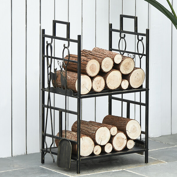 OUTSUNNY - Serviteur de cheminée cerf - porte bûches - range bûches multi accessoires 2 étagères 51L x 33l x 77H cm métal noir or vieilli - large
