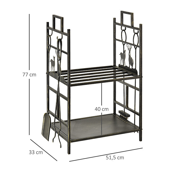 OUTSUNNY - Serviteur de cheminée cerf - porte bûches - range bûches multi accessoires 2 étagères 51L x 33l x 77H cm métal noir or vieilli - large