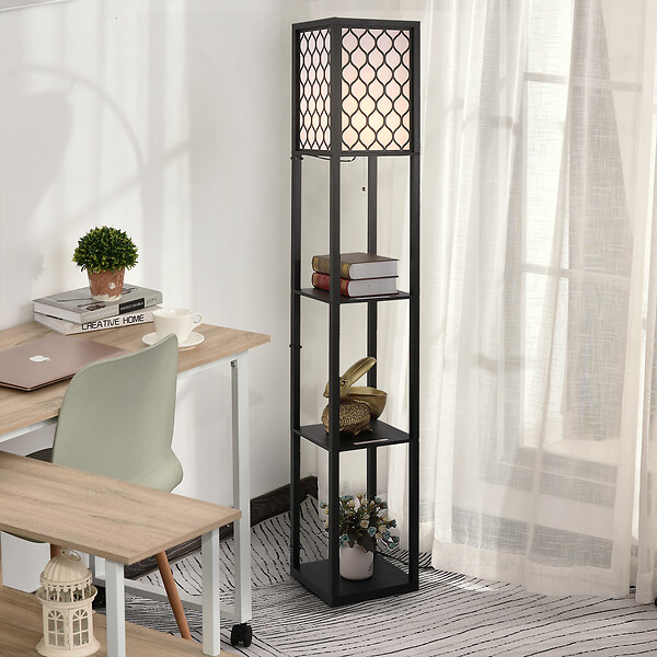 HOMCOM - Lampadaire étagère lampe étagère 26L x 26l x 160H cm 3 étagères 4 niveaux MDF noir motif nid d'abeille - large