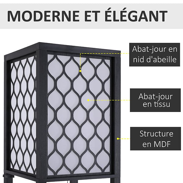 HOMCOM - Lampadaire étagère lampe étagère 26L x 26l x 160H cm 3 étagères 4 niveaux MDF noir motif nid d'abeille - large