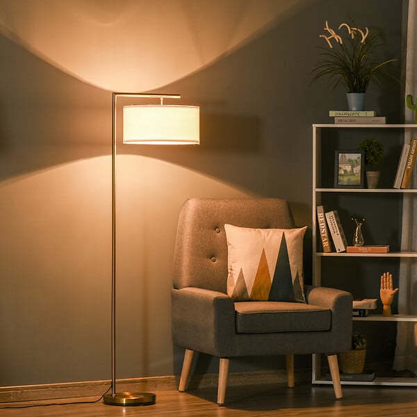HOMCOM - Lampadaire design néo-rétro max. 40 W 153H cm abat-jour circulaire aspect lin blanc piètement structure métal doré - large
