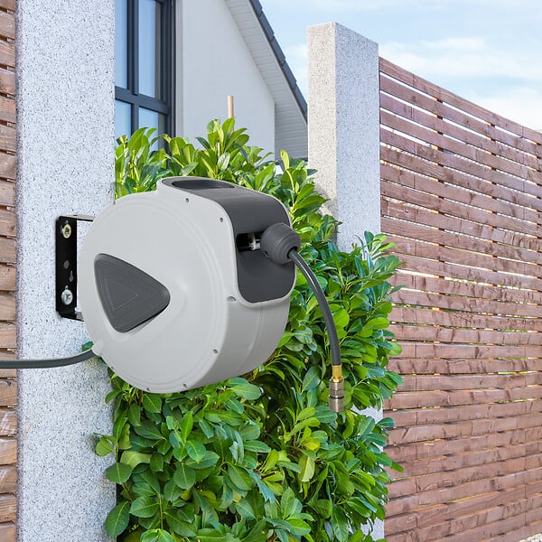 HOMCOM - Enrouleur de tuyau à air comprimé - tuyau : 15 m + 1,4 m - Ø intérieur 3/8" (9,5 mm), 1/4" (6,35 mm) BSPT - dévidoir automatique pour tuyau d'air rétractable gris - large
