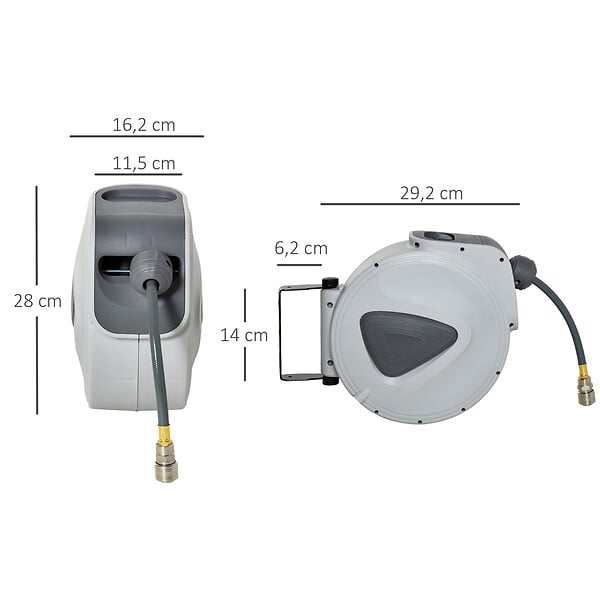 HOMCOM - Enrouleur de tuyau à air comprimé - tuyau : 10 m + 0,9 m - Ø intérieur 3/8" (9,5 mm), 1/4" (6,35 mm) BSPT - dévidoir automatique pour tuyau d'air rétractable gris - large