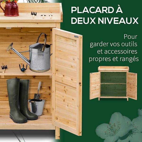 OUTSUNNY - Armoire de jardin sur pied avec plateau - double porte, étagère - bois de sapin pré-huilé - large