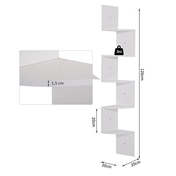HOMCOM - Étagère d'angle étagère de rangement design contemporain zig zag 20L x 20l x 126H cm 5 niveaux panneaux de particules blanc - large