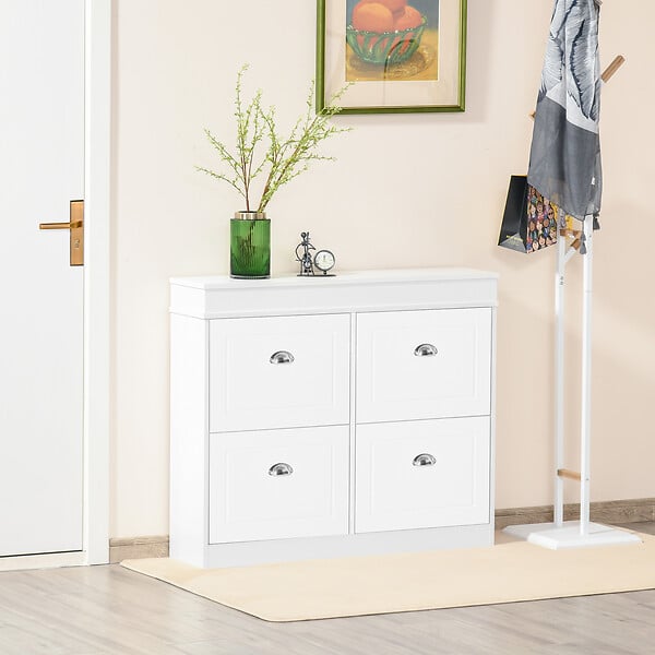 HOMCOM - Meuble à chaussures 32 paires 4 portes abattantes double niveau blanc - large