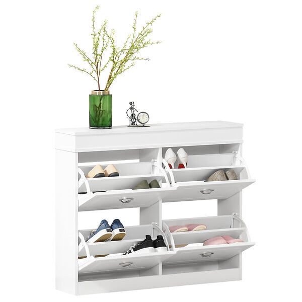 HOMCOM - Meuble à chaussures 32 paires 4 portes abattantes double niveau blanc - large