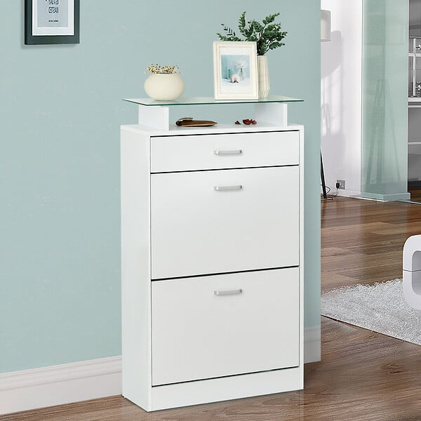 HOMCOM - Armoire à chaussures organisateur de luxe pour chaussures 2 portes abattantes 2 compartiments, tiroir, étagère verre panneaux particules blanc - large