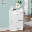 HOMCOM - Armoire à chaussures organisateur de luxe pour chaussures 2 portes abattantes 2 compartiments, tiroir, étagère verre panneaux particules blanc - vignette