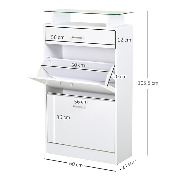 HOMCOM - Armoire à chaussures organisateur de luxe pour chaussures 2 portes abattantes 2 compartiments, tiroir, étagère verre panneaux particules blanc - large