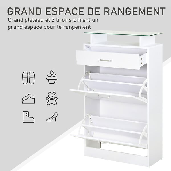 HOMCOM - Armoire à chaussures organisateur de luxe pour chaussures 2 portes abattantes 2 compartiments, tiroir, étagère verre panneaux particules blanc - large