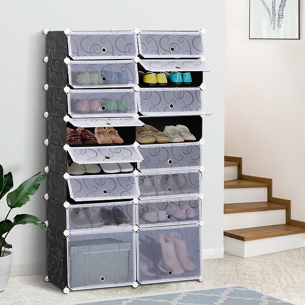 HOMCOM - Armoire à chaussures range chaussures L 95 x l 37 x H 160 cm 14 cubes rectangulaires et 2 grands cubes noir et blanc - large