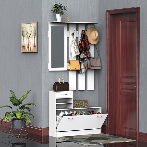 HOMCOM - Ensemble de meubles d'entrée design contemporain : meuble chaussures, miroir et panneau porte-manteau panneaux de particules blanc - large