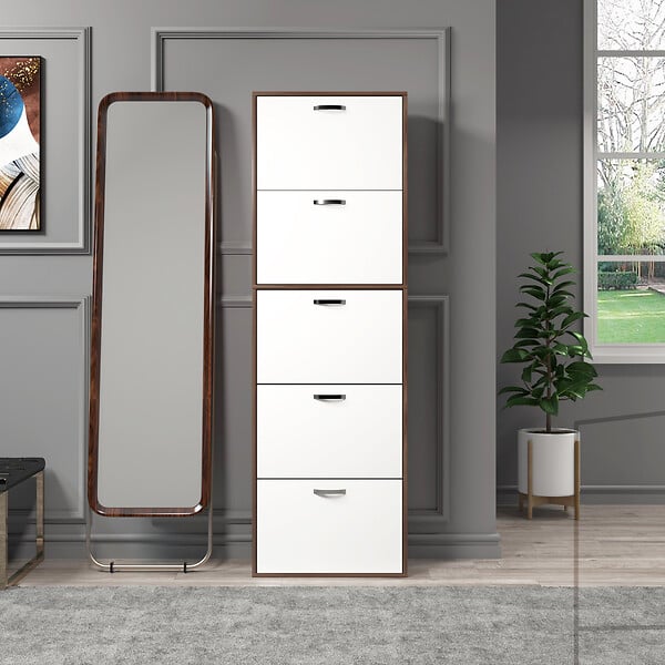 HOMCOM - Armoire à  chaussures meuble à  chaussures design contemporain 5 portes abattantes bicolore blanc marron foncé imitation bois - large