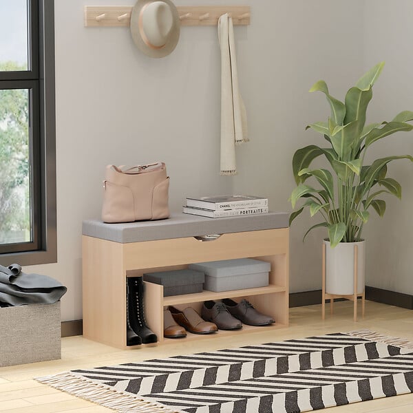 HOMCOM - Meuble chaussures banc à chaussures 2 niveaux rangement, niche + coffre intégré avec coussin beige gris - large