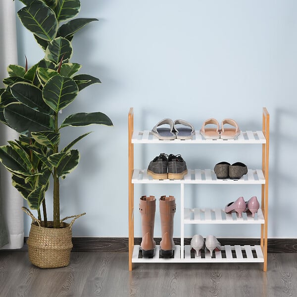 HOMCOM - Etagère à  chaussures - étagère de rangement - meuble chaussures 4 niveaux bois de pin étagères à  lattes MDF blanc - large