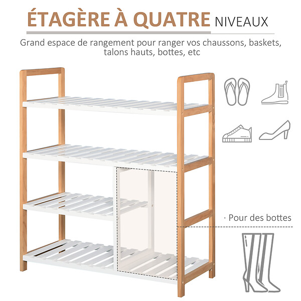 HOMCOM - Etagère à  chaussures - étagère de rangement - meuble chaussures 4 niveaux bois de pin étagères à  lattes MDF blanc - large
