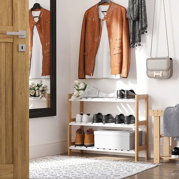 HOMCOM - Etagère à chaussures, étagère de rangement, meuble chaussures 3 niveaux bambou MDF blanc - large