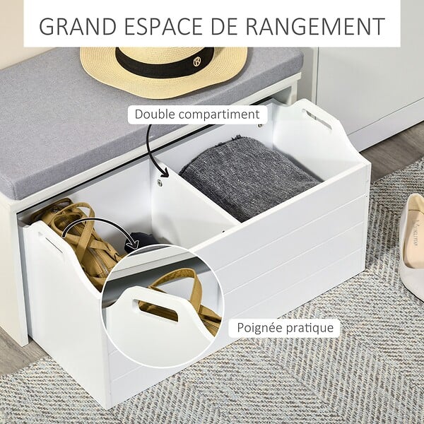 HOMCOM - Banc de rangement avec coussin gris - meuble à  chaussures - banc à  chaussures avec grand tiroir double compartiment - MDF blanc - large
