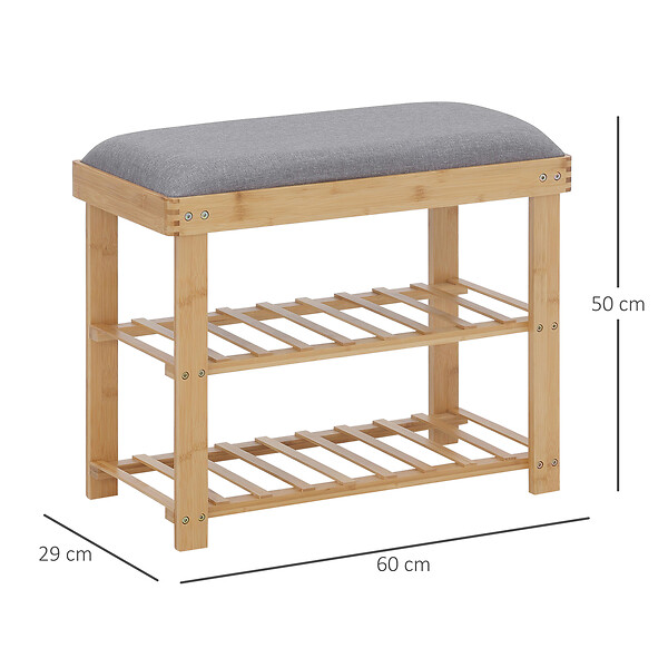 HOMCOM - Meuble à  chaussures banc à  chaussures 2 étagères coussin gris intégré bambou - large