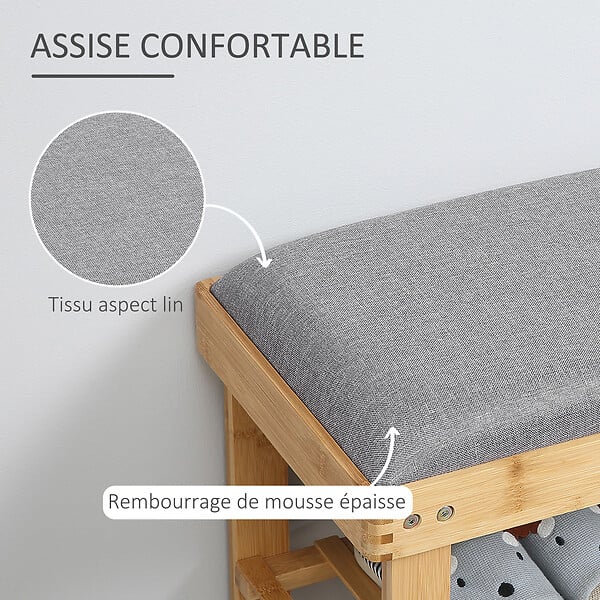 HOMCOM - Meuble à  chaussures banc à  chaussures 2 étagères coussin gris intégré bambou - large