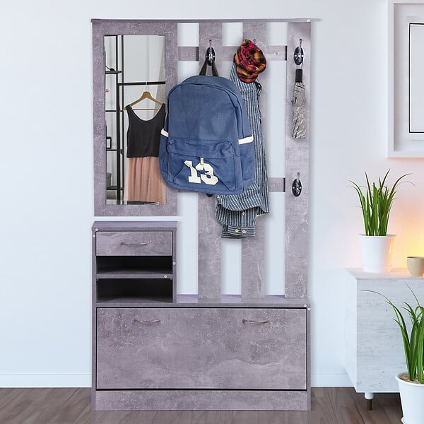 HOMCOM - Ensemble de meubles d'entrée design contemporain : meuble chaussures, miroir et panneau porte-manteau panneaux de particules effet béton gris - large