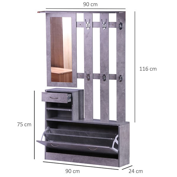 HOMCOM - Ensemble de meubles d'entrée design contemporain : meuble chaussures, miroir et panneau porte-manteau panneaux de particules effet béton gris - large