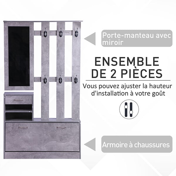 HOMCOM - Ensemble de meubles d'entrée design contemporain : meuble chaussures, miroir et panneau porte-manteau panneaux de particules effet béton gris - large
