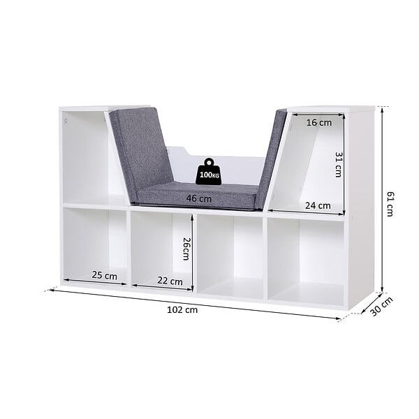 HOMCOM - Bibliothèque banc 2 en 1 design contemporain 6 casiers 3 coussins fournis 102L x 30l x 61H cm blanc gris chiné - large