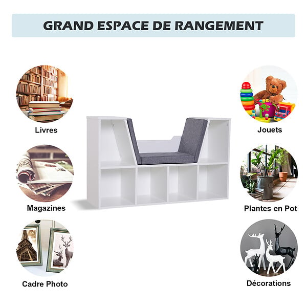 HOMCOM - Bibliothèque banc 2 en 1 design contemporain 6 casiers 3 coussins fournis 102L x 30l x 61H cm blanc gris chiné - large