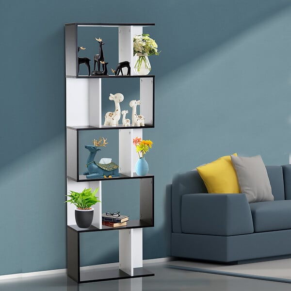 HOMCOM - Bibliothèque étagère meuble de rangement design contemporain en S 5 étagères 60L x 24l x 185H cm noir blanc - large
